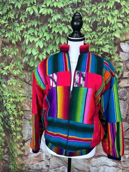 VINTAGE VIBRANT Boho Guatemalan Zip Front Bomber Jacket, M - Picture 2 of 11